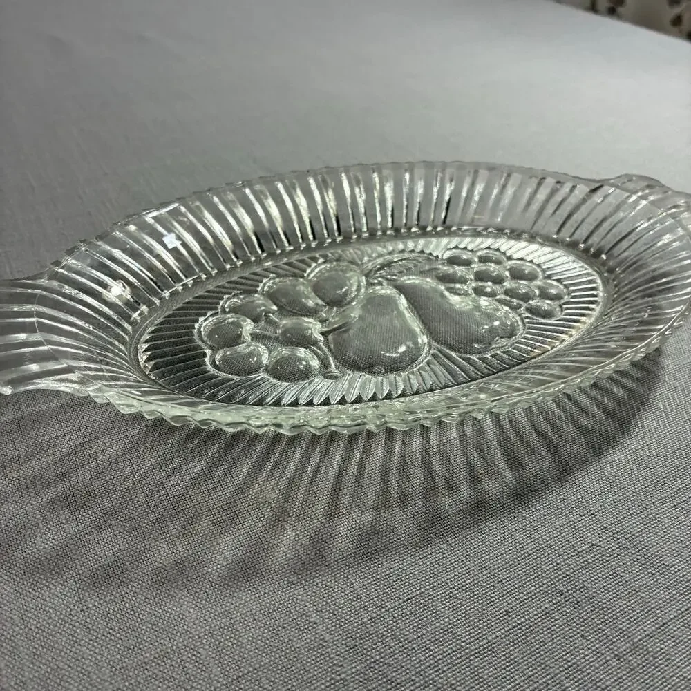 Vintage Clear Pressed Glass Relish Tray Fruit Pattern Oval Serving Dish 9.5 Inch